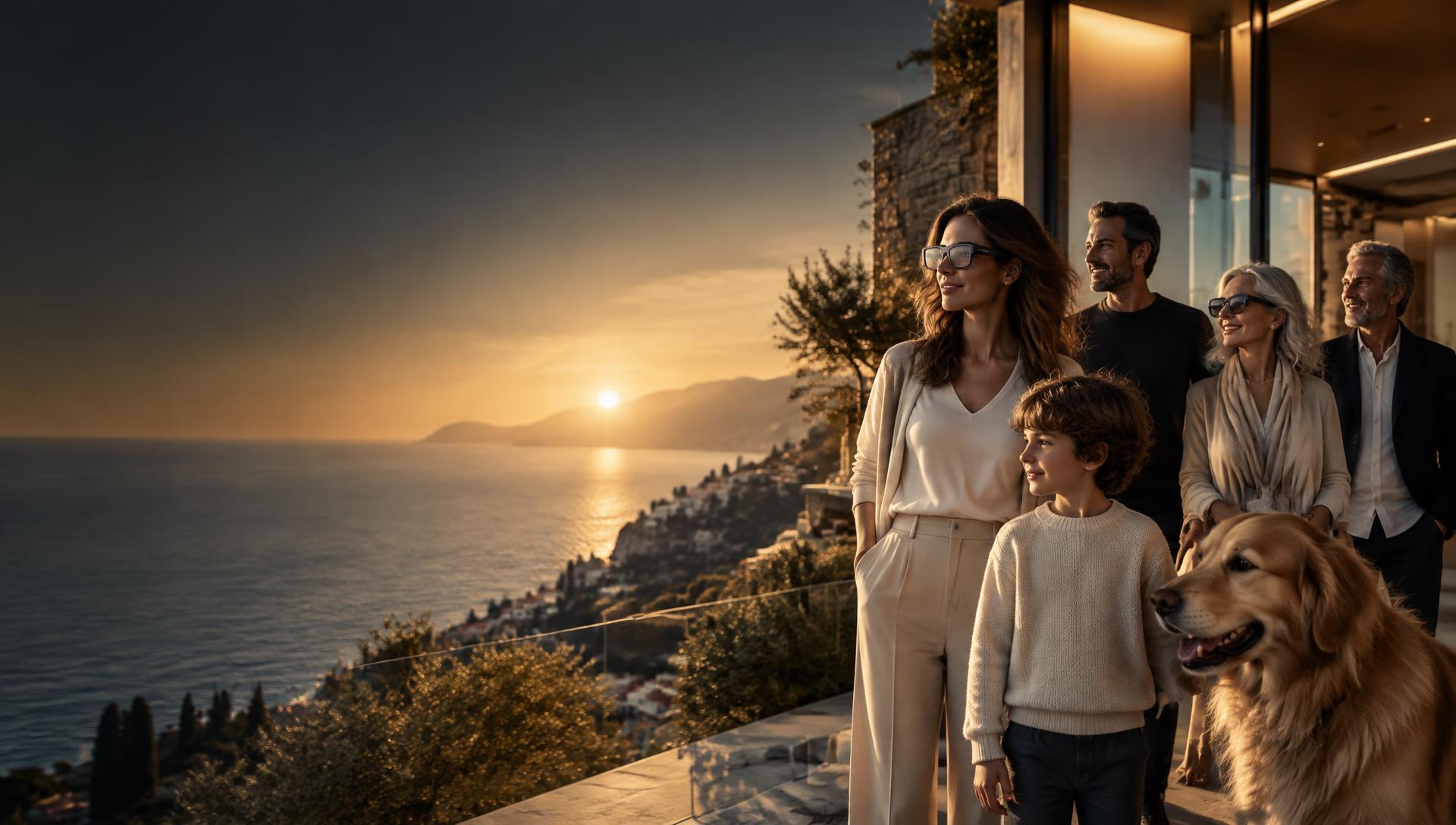 A family and their dog overlooking the Mediterranean coast